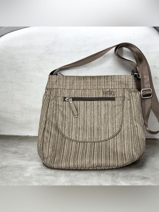 Haiku Handbags - Haiku Jaunt Crossbody Purse in a Gray Striped Pattern.